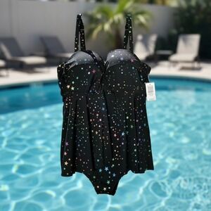 Torrid Swim Dress Black One Piece Underwire 2 D/DD Rainbow Foil Star NWT‎